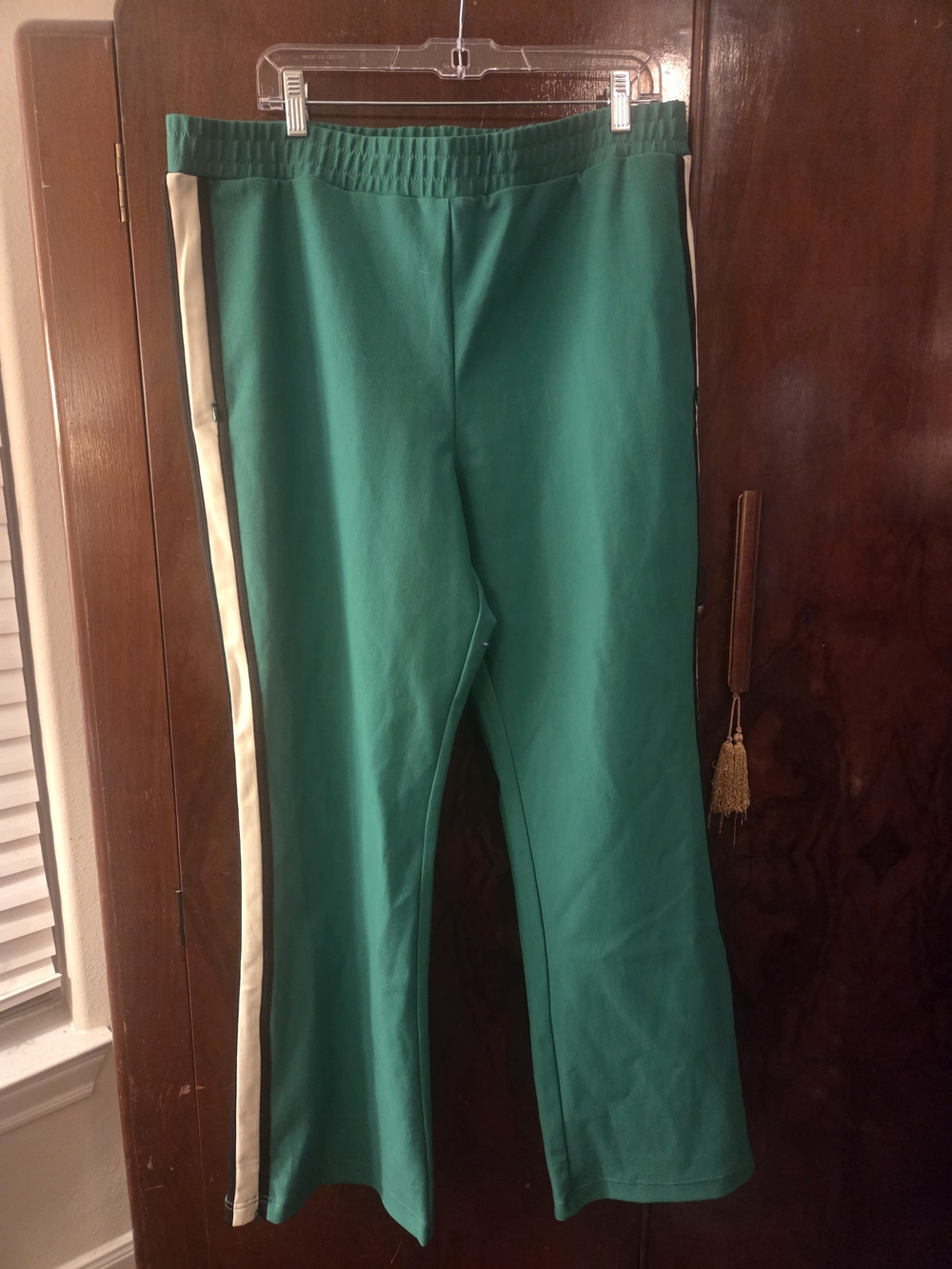 Anthropolofie Maeve Green Track Pants with Cream Side Stripe